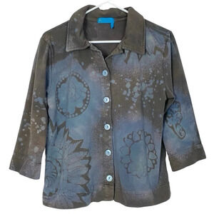 Handmade Stencil Tie Dye Jacket Womens Medium Tan Blue 3/4 Sleeve Cotton Knit